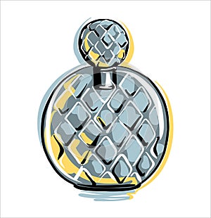 Vintage glass round perfume. Beautiful bottle in the style of fashion illustration.