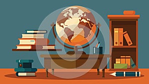 A vintage globe displayed on a wooden desk surrounded by old leatherbound books and a typewriter evoking a sense of photo