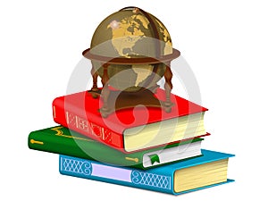 Vintage globe on a stack of books. Learning and travel concept Isolated on white background