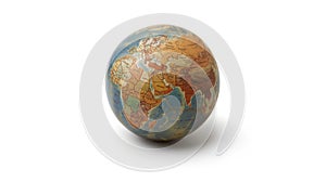 A vintage globe on a white background with a focus on the Eurasia region