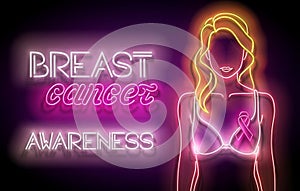 Vintage Glow Banner with Woman Figure in Lingerie and Pink Ribbon. Breast Cancer Awareness Month, Fight Like a Girl