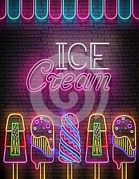 Vintage Glow Poster with Ice Cream Lolly and Inscription. Neon L