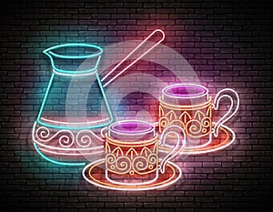 Vintage Glow Signboard with Decorated Cezve and Cup of Coffee