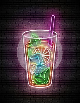 Vintage Glow Signboard with Ice Tea in Tall Glass, Lemon and Mint