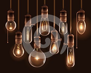 Vintage Glowing Light Bulbs Icon Set