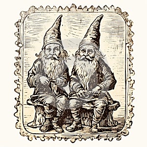 Vintage Gnomes On Wood: A Charming Printmaking Style Historical Illustration