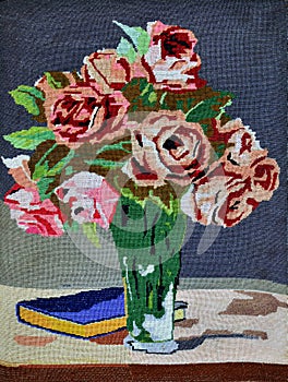 Vintage gobelin needlepoint rose bouquet in vase