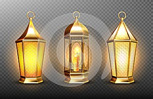 Vintage gold arabic lanterns with glowing candles