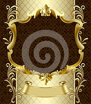 Vintage gold banner with a crown on dark brown baroque background