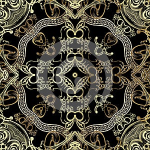 Vintage gold Baroque vector seamless pattern. Greek ornamental background. Repeat modern backdrop. Line art tracery