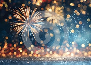 Vintage gold and blue Fireworks and bokeh in New Year eve and copy space
