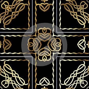 Vintage gold calligraphic swirls 3d vector seamless pattern. Intricate ornamental royal background. Arabesque style