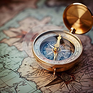 Vintage Gold Compass on Old Map Background: Travel, Adventure, Explore