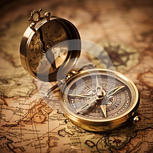 Vintage Gold Compass on Old Map Background: Travel, Adventure, Explore