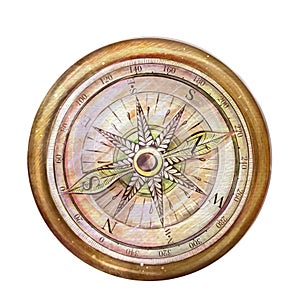 Vintage gold compass watercolor freehand drawing isolate. Hand drawing. Vintage clip art element for design cards