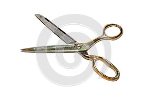 Vintage Gold Dressmakers or Tailors Large Open Scissors on White Background