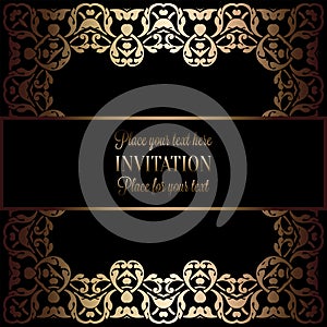 Vintage gold invitation or wedding card on black background, divider, header, ornamental square lacy vector frame