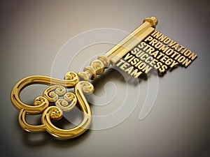 Vintage gold key with business and success related words. 3D illustration