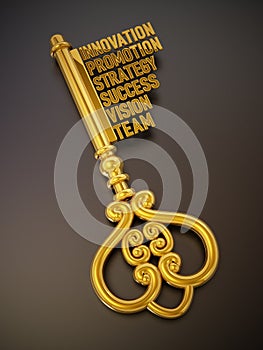 Vintage gold key with business and success related words. 3D illustration