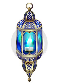 Vintage gold lantern with a blue glow