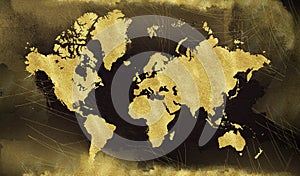 Vintage gold map on black background. Wear texture, grunge, gold patina. Template for cards, wedding invitation, posters, blogs, w
