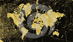 Vintage gold map on black background. Wear texture, grunge, gold patina. Template for cards, wedding invitation, posters, blogs, w