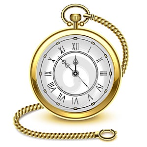 Vintage gold pocket watch and chain, isolated on white background, vector illustration.