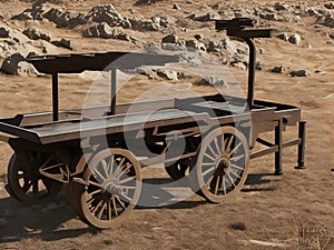 A vintage gold prospectors\' cart on wooden wheels stands in the steppe.