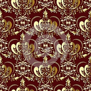 Vintage gold royal damask seamless pattern on the dark red vector background. Ornate wallpaper. Abstract gold crown. Floral hand