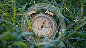 Vintage golden alarm clock partially hidden in vibrant green grass