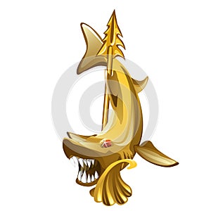 Vintage golden brooch in the form of toothy shark isolated on white background. Vector cartoon close-up illustration.