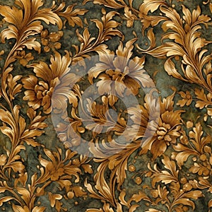 Vintage golden floral pattern wallpaper with black textured old leather background