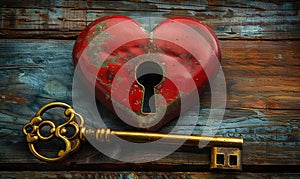 Vintage golden key beside a red heart with a keyhole on a rustic wooden surface, symbolizing unlocking love, secret affection