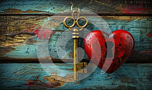 Vintage golden key beside a red heart with a keyhole on a rustic wooden surface, symbolizing unlocking love, secret affection