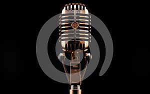 Vintage Golden Microphone on Black Background, Classic Music Recording Equipmen