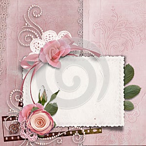 Vintage gorgeous background with card, roses, pearls photo