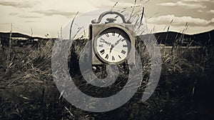 Vintage Gothic Clock In Tall Grass: Surrealist Realist Photography