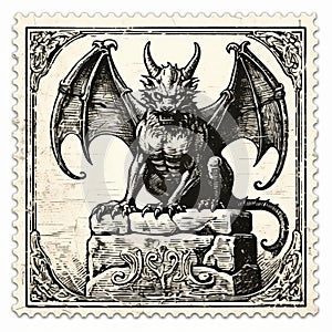 Vintage Gothic Illustration: Evil Draconian Antique Stamp