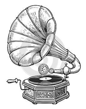 Vintage gramophone engraving style. Old record player with vinyl disk. Retro musical equipment sketch illustration