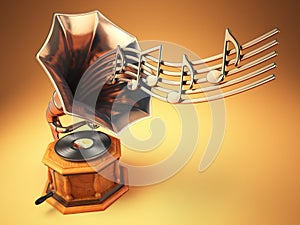 Vintage gramophone with gold musical notes. Retro background.