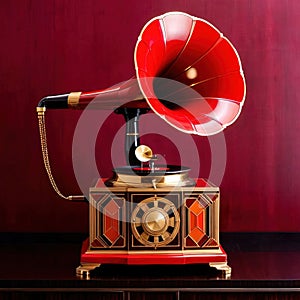 Vintage gramophone, old music record player, retro art deco style illustration