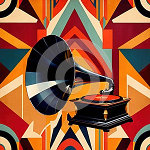 Vintage gramophone, old music record player, retro art deco style illustration