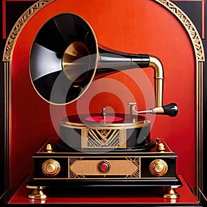 Vintage gramophone, old music record player, retro art deco style illustration