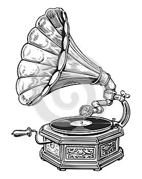 Vintage gramophone player with vinyl record sketch hand drawn illustration. Retro music device with horn speaker