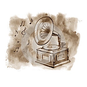 Vintage Gramophone, record player. Background sketch vinyl records .