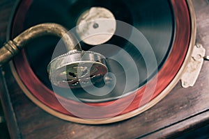 Vintage gramophone with a vinyl, top view