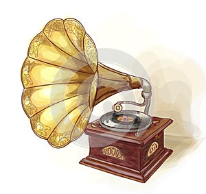 Vintage Gramophone. Wtercolor imitation.