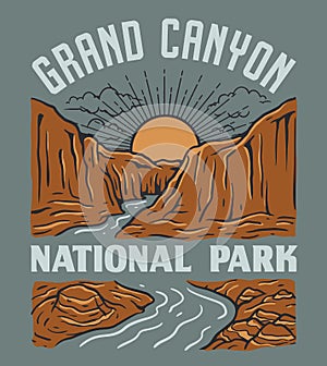 Vintage Grand Canyon National Park Illustration Design. Landscape with mountains and river