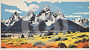 Vintage Grand Teton National Park Postcard With Pop Art Silkscreening