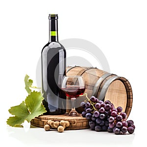 Vintage Grape Wine Bottle and Barrel Isolated on White Background. Generative ai